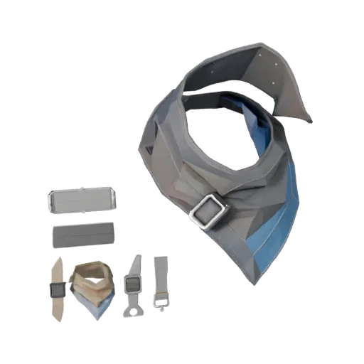 Cachecol Utilitário Modelo 3D Low Poly, vista de três quartos do viewport do jogo, mostrando metal, silhueta pequena vestível