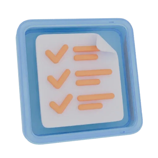 3D render of a checklist icon with orange checkmarks and lines inside a blue frame, isolated on a white background.