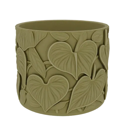 3D model render of a cylindrical planter pot with a detailed embossed pattern of overlapping green leaves.