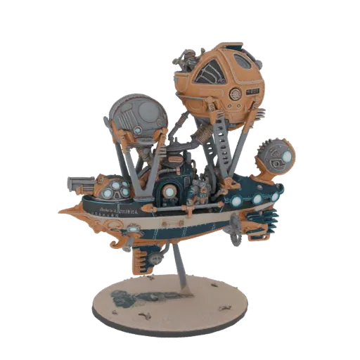 Ein detailliertes 3D-Modell eines Steampunk Fregatten-Luftschiffs mit dunkel-türkisem und cremefarbenem Rumpf, goldenen Verzi