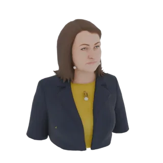 3D-Modell einer professionellen Frau in marineblauem Blazer über gelber Bluse, mit braunen Haaren und Perlenohrringen.