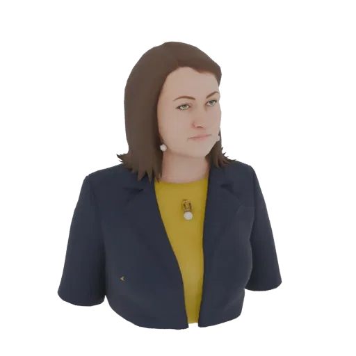 Modello 3D donna professionale con blazer blu, camicetta gialla, capelli castani e orecchini di perle.