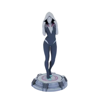 3D model of Gwen Stacy as Spider-Gwen in her suit, standing on a futuristic platform.