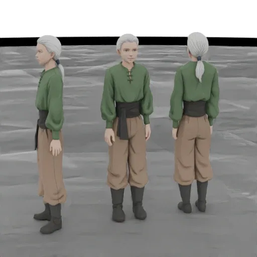 3D model of a young boy with white hair, wearing a green tunic, brown pants, and black boots, shown from three angles.