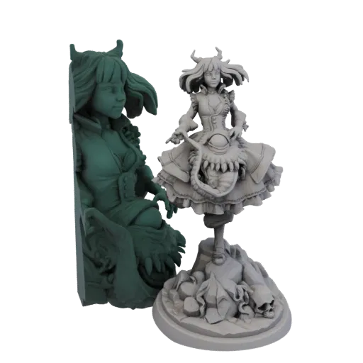 3D model of a gothic doll monster with a Victorian dress, standing on a base with skulls, next to a teal bust of the characte