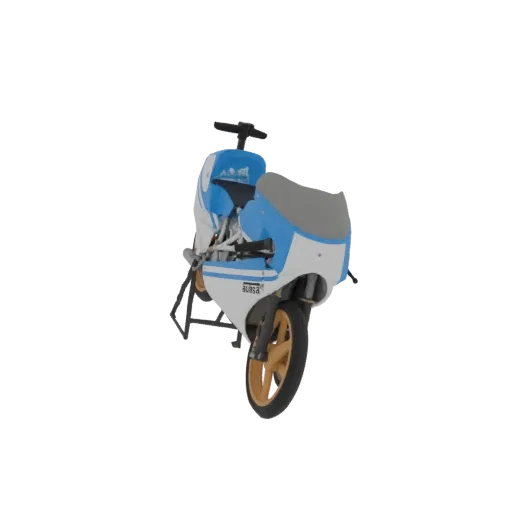 3D-Modell eines alten blau-weißen Rennmotorrads mit goldenen Felgen, von schräg hinten gezeigt.