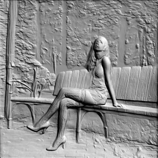 3D-Modell einer Frau auf einer Bank im Basrelief-Stil, Vorderansicht