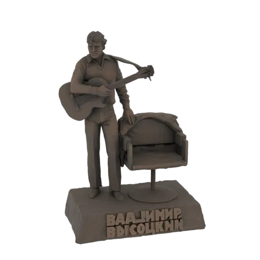 Modello 3D di una statua di Vladimir Vysotsky che suona la chitarra, in piedi accanto a una sedia, con il suo nome sulla base