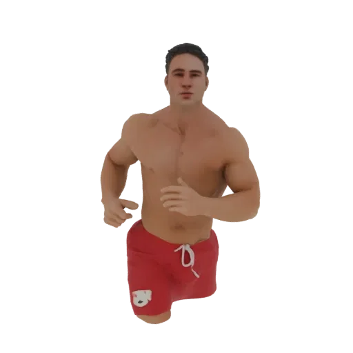 3D model of a muscular man with defined abs and arms, wearing red shorts, captured in a running pose.
