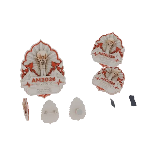 3D model of the AM2026 Team Badge with a central monument design, red accents, and a customizable name plate.