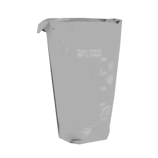 3D model of a 250ml graduated cylinder with volume markings visible on its side.