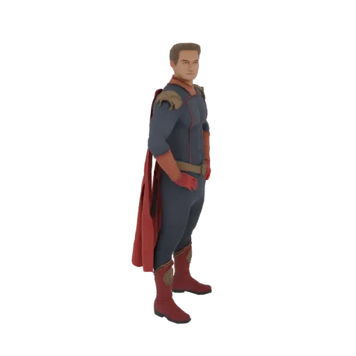 3D model of a heroic male figure standing in profile, wearing a blue suit, red cape, and gold accents.