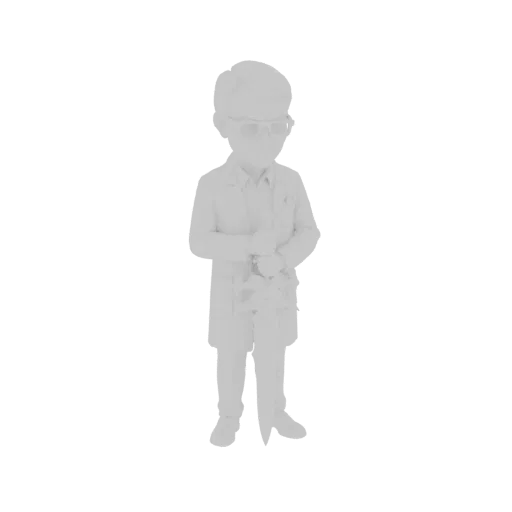 3D model of a young boy dressed as a scientist, wearing glasses and a lab coat, holding a bouquet of flowers.