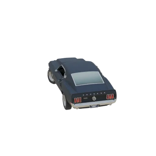 3D model of a dark blue 1969 Ford Mustang Boss 429, viewed from a rear-three-quarter angle.