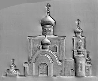 3D model of an Orthodox church bas-relief with golden domes and crosses, rendered in a sculptural style.
