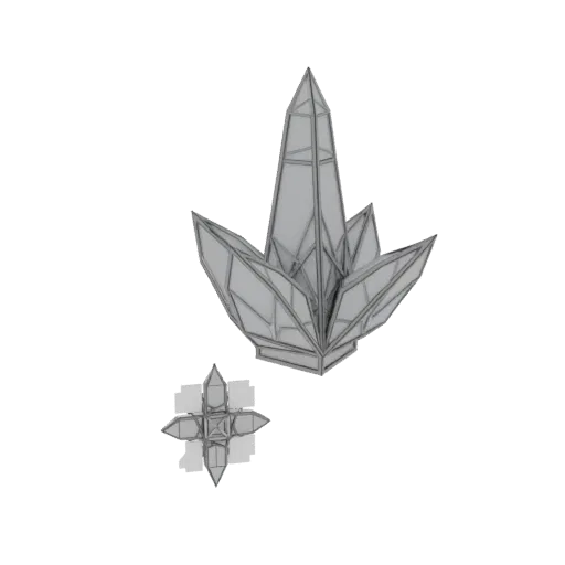 Modèle 3D d'un cluster cristallin aux facettes géométriques acérées avec une superposition de maillage, montrant une grande flèche centrale et un petit amas en étoile.