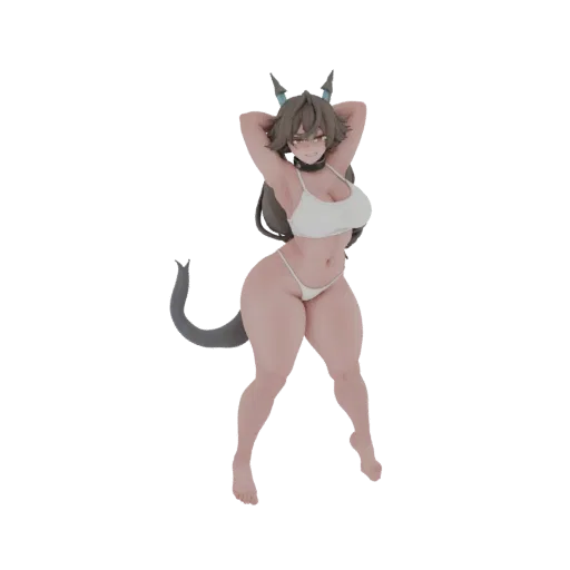 3D model of an anime cat girl with brown hair, cat ears, and a tail, wearing a white bikini and striking a pose.