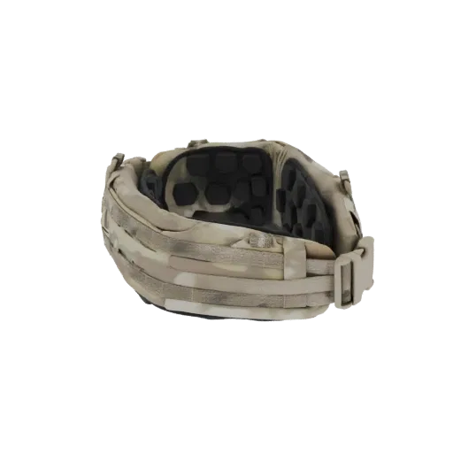 3D model of a tactical helmet liner system with camouflage pattern, adjustable padding, and MOLLE webbing.