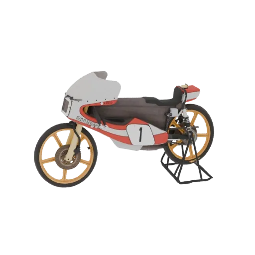 3D model of a vintage racing motorcycle with a white and red fairing, yellow-rimmed wheels, and a prominent '1' decal, displa