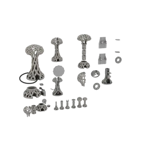 3D model of an alien mushroom colony terrain set, featuring various mushroom shapes and accessories, rendered in a neutral gr