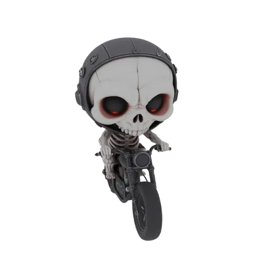3D model of a cute chibi skeleton wearing a helmet and riding a motorcycle, with glowing red eyes.