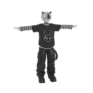 3D model of an anime boy with black and white cat ears, wearing a black t-shirt with a bunny graphic and black cargo pants, i
