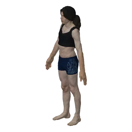 3D model of a young man with dark hair, wearing a black cropped tank top and blue athletic shorts, standing in a neutral pose