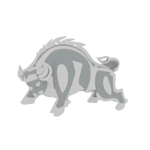 Rendu 3D d'un emblème de taureau stylisé en pose de charge dynamique, avec des lignes douces et fluides et une finition monoc