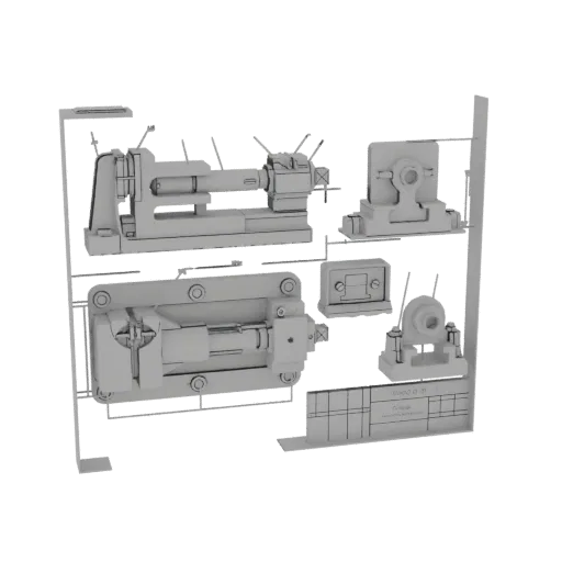 3D model render of an industrial lathe and various machine tool components arranged together, shown in a monochromatic, untex