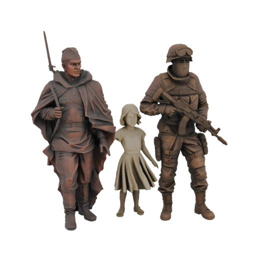 Three Figures: Soldier, Girl, and Modern Soldier