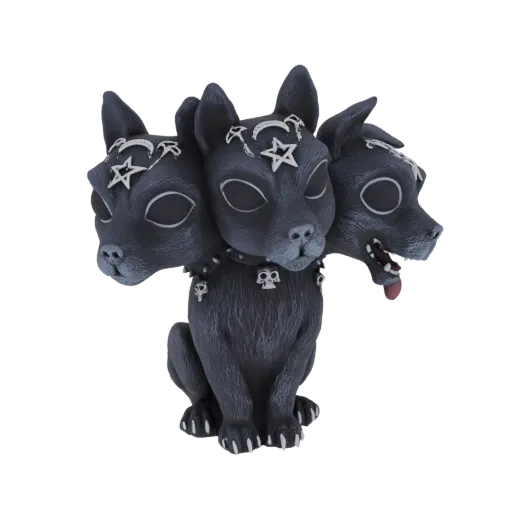 3D model of a dark, gothic three-headed dog figurine with skull and star decorations, set against a black background.