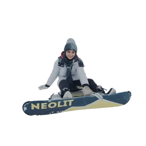 3D model of a smiling young woman in winter clothing sitting on a snowboard with the 'NEOLIT' logo.