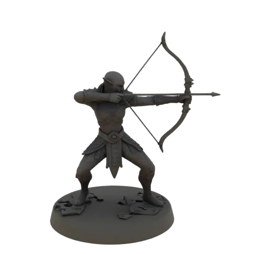 Miniatura STL de Arqueira Élfica Fantástica Mirando, render de mesa em três quartos, miniatura de escaramuça imprimível em re