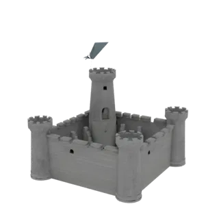 Modello 3D di un castello medievale grigio con quattro torri angolari, un mastio centrale e una piccola bandiera in cima.