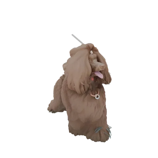 3D model of a brown poodle with curly fur, tongue out, wearing a collar, against a white background.