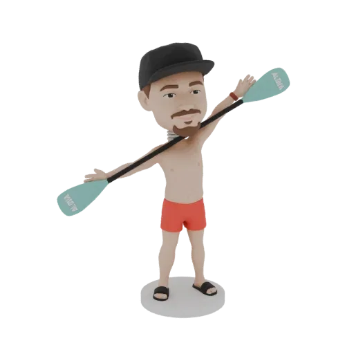 3D model of a cartoon surfer dude character wearing a black cap and red shorts, holding a paddle horizontally.