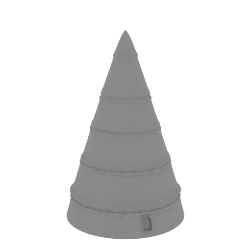 3D model of a gray, multi-tiered conical pagoda with a small arched entrance at its base, set against a black background.
