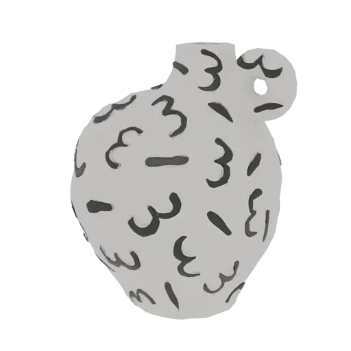 A 3D render of a white vase with black doodle-style markings scattered across its surface.