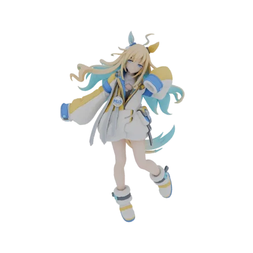 Modèle 3D d'une fille anime aux cheveux blonds, mèches bleues, et tenue blanche, jaune et bleue, en pose dynamique.