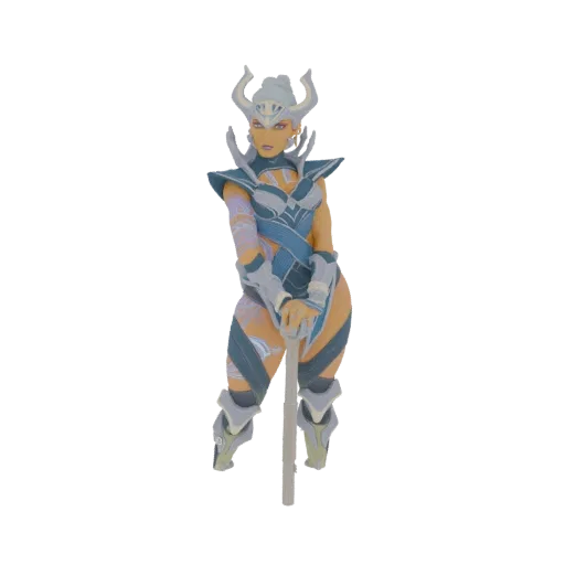 3D model of a sci-fi warrior woman with white horns, blue and silver armor, and a sword.