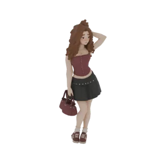 3D model of a young woman with curly brown hair, wearing a burgundy corset top, black mini skirt, and sneakers, holding a han