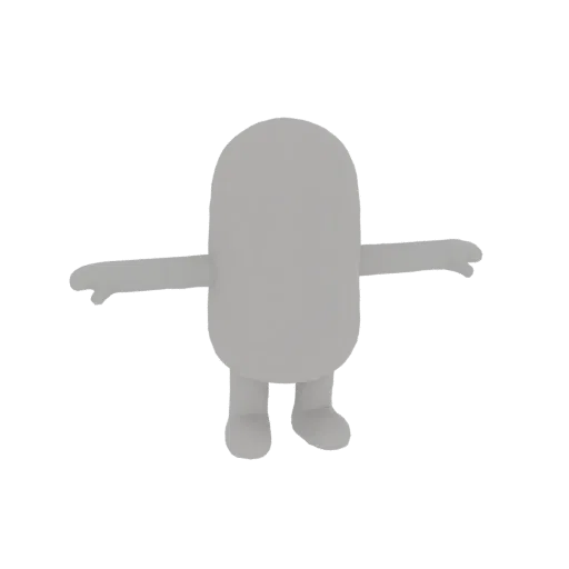 Un modelo 3D simple y gris de un personaje de pie en una pose T neutral con los brazos extendidos.