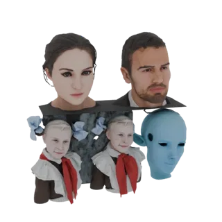 Modelo 3D de un retrato familiar victoriano con un hombre y una mujer, y figuras más pequeñas de niños y una máscara azul deb