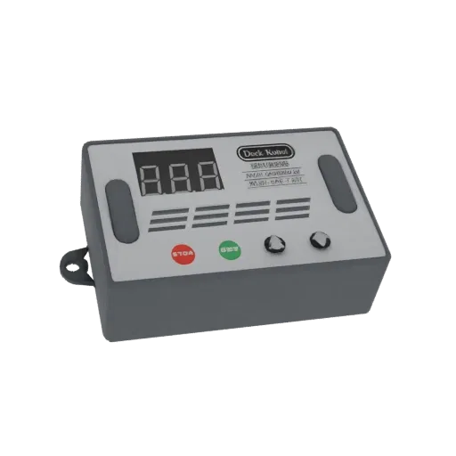 3D render of a grey and white Dock Robot control panel with a digital display, red STOP button, green SET button, and two oth