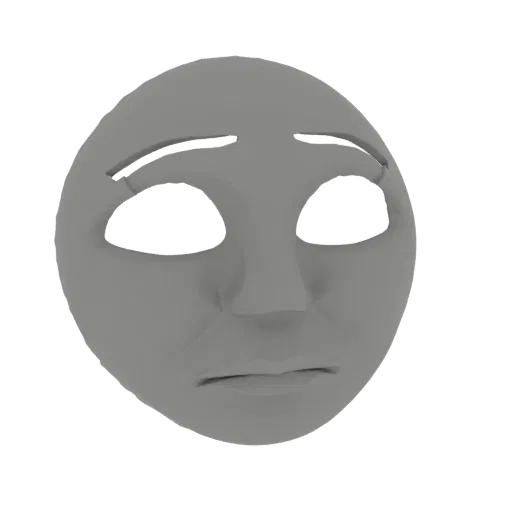 3D model render of a grey, untextured mask with a sad expression, featuring downturned eyebrows and mouth.