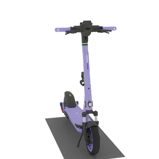 A 3D model of a purple electric scooter with black handlebars and wheels, standing on a gray mat.
