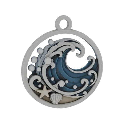 3D model of a circular pendant with a blue ocean wave, a starfish, and a seashell.