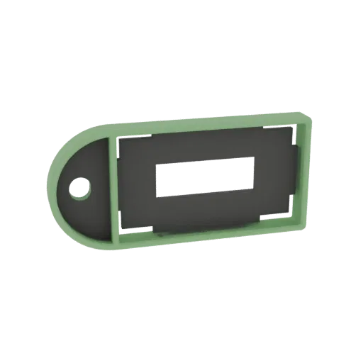 3D render of a minimalist rectangular key tag with an oval end and a hole, presented in a light green frame with a dark gray
