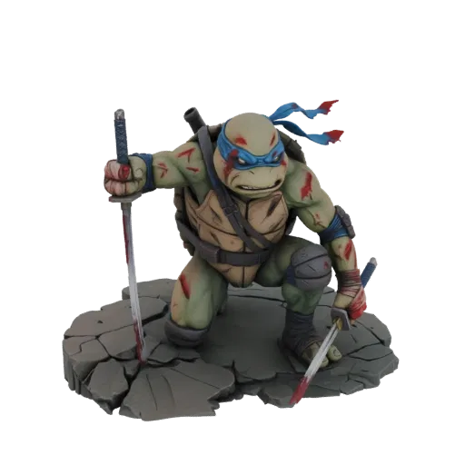 3D model of Leonardo from Teenage Mutant Ninja Turtles, kneeling on a cracked base, holding two katanas, with battle scars an