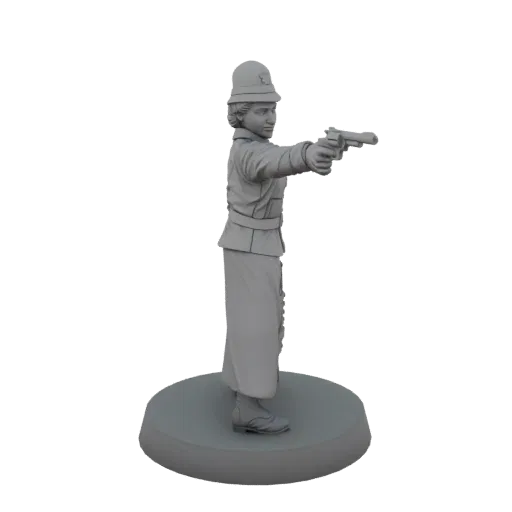 3D model of a Soviet female officer in uniform, aiming a pistol forward, standing on a circular base.